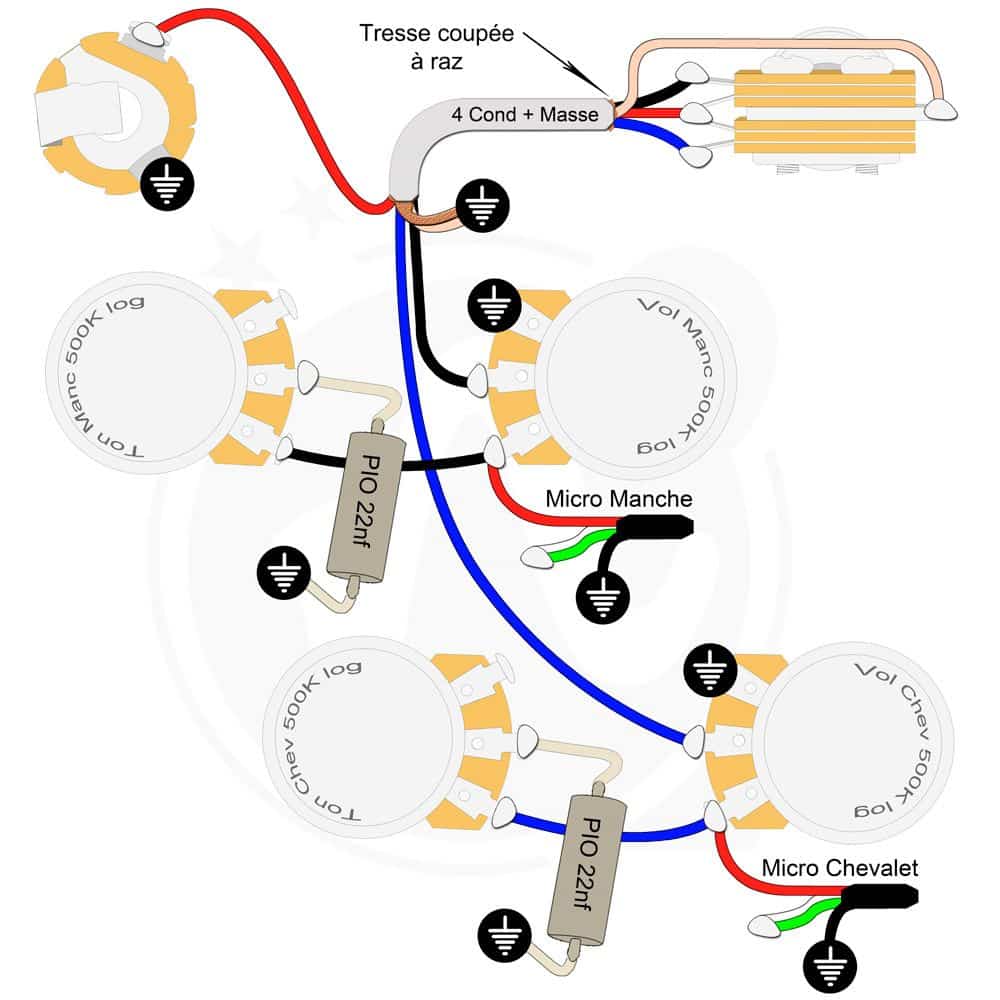 Plan câblage électronique guitare Les Paul optimisé Mogami gaucher